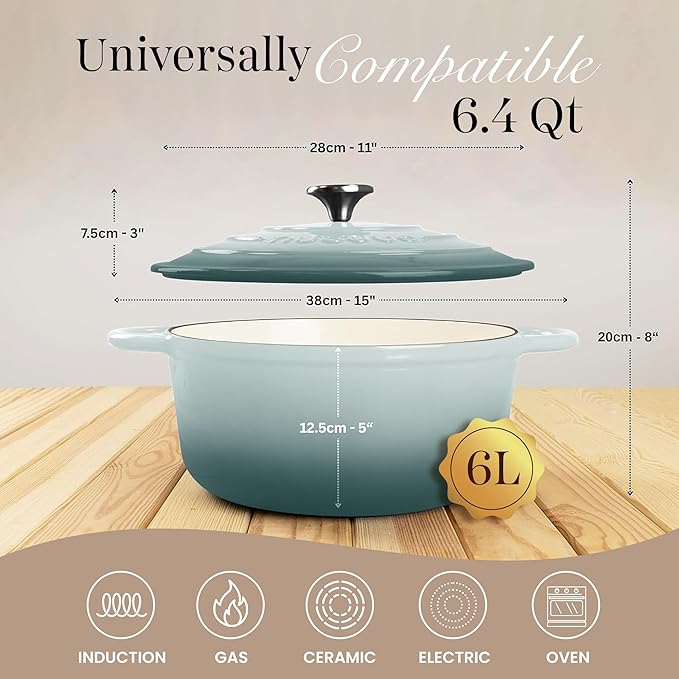 Nuovva Enamelled Cast Iron Dutch Oven Pot with Lid 6.4 Quart Non Stick Casserole Pot ??Heavy Duty & Oven Safe up to 500째 F for Bread Baking, Braising, Stews, Roasting ??28cm Sea Salt