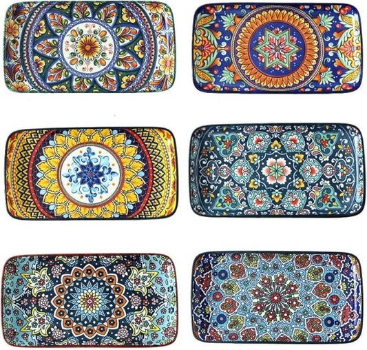 glowworm Porcelain Appetizer Plates Set of 6, 8.5 Inch Rectangular Salad Plates for Sushi, Dessert, Christmas Serving Platters, Serving Tray for Party, Microwave & Oven Safe, Bohemian