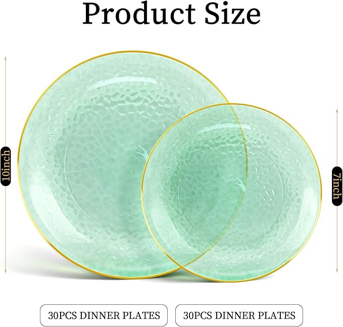 Lullaby 60pcs Green Plastic Plates with Gold Rim, Includes 30pcs Dinner Plate 10'' and 30pcs Clear Dessert Plate 7.5'', Green Disposable Plastic Plates for Parties, Birthdays and Wedding