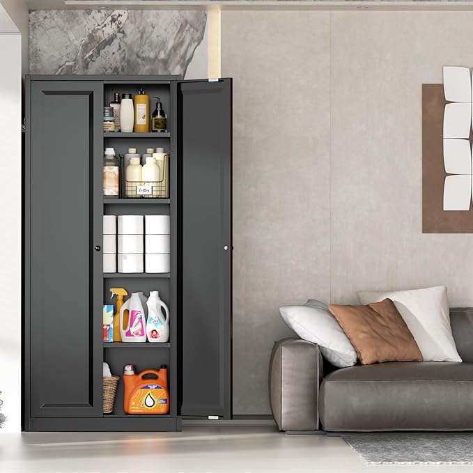 INTERGRAET Kitchen Pantry Cabinet, 63" Tall Metal Pantry Storage Cabinets with 2 Doors and 4 Shelves, Black Metal Storage Cabinet,Cupboard for Home,Kitchen,Living Room/Dining