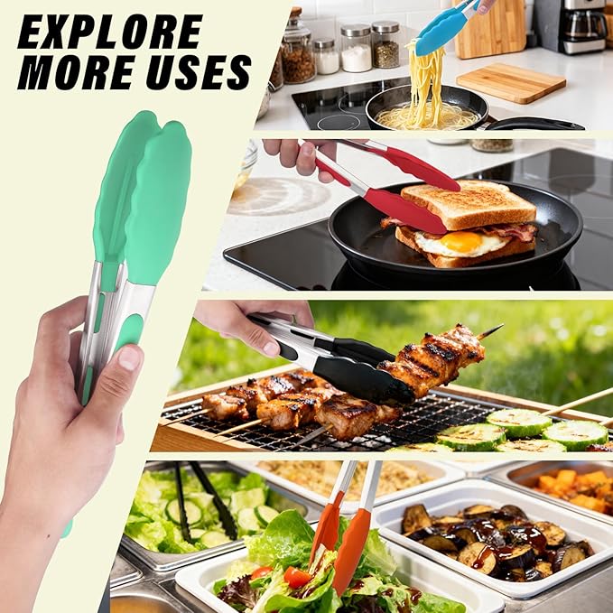 Salad Tongs, 7/9/12/16 Inch Silicone Food Tongs with 304 Stainless Steel Core, Easy-Grip, in Pistachio, Black, Blue, Orange, Red (Pistachio, 9+12inch)