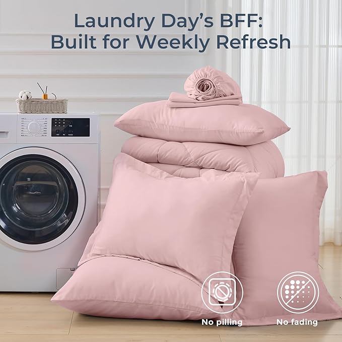 HEVUMYI Dusty Pink Cali-King Comforter Set - 7-Piece All Season Bed in a Bag Cali-King, Ultra Soft Bedding Set with Comforter, Flat Sheet, Fitted Sheet, Pillowcases, Pillow Shams