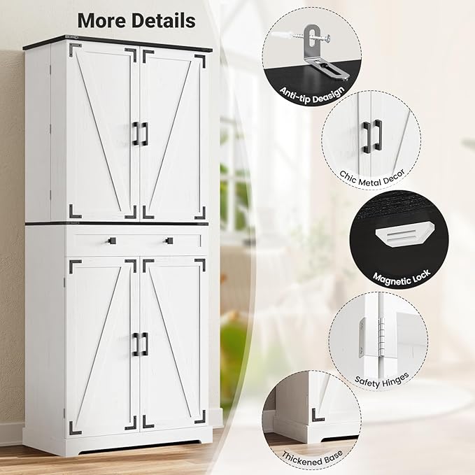 ELYKEN 72" Pantry Cabinet with Door Shelving & Sliding Shelves, Farmhouse Tall Kitchen Storage Cabinet with Door & Drawer for Dining Room, Living Room
