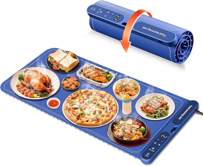 Warming Mat for Food Extra Large 32"x15", Electric Silicone Food Warmer Trays for Chafing Dishes & Buffet,Portable Countertop Food Warmers for Parties, 7-Level Temp 8-Hour Timer竊?Blue