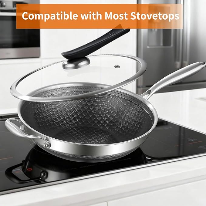 DELARLO Tri-Ply Stainless Steel 12 inch Nonstick wok Pan With Lid,induction Cookware Woks & Stir-Fry Pans,Dishwasher and Oven Safe Up To 650째F