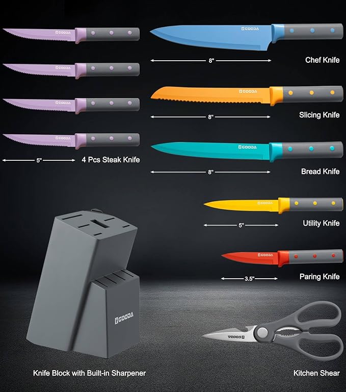 GOODA Knife Set,11 Pieces Kitchen Knife Set with Built-in Sharpener Block,Dishwasher Safe, High Carbon Stainless Steel Chef Cooking Knife Block Set