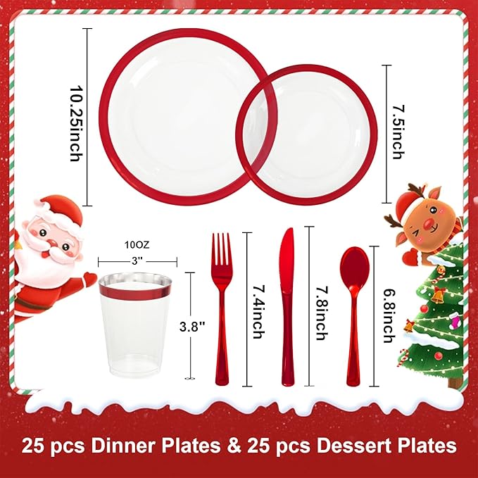 I00000 150pcs Red Disposable Plates | Clear Plates Red Trim,Silverware | Valentine's Day Dinnerware Set Perfect for Party (25 Guests)