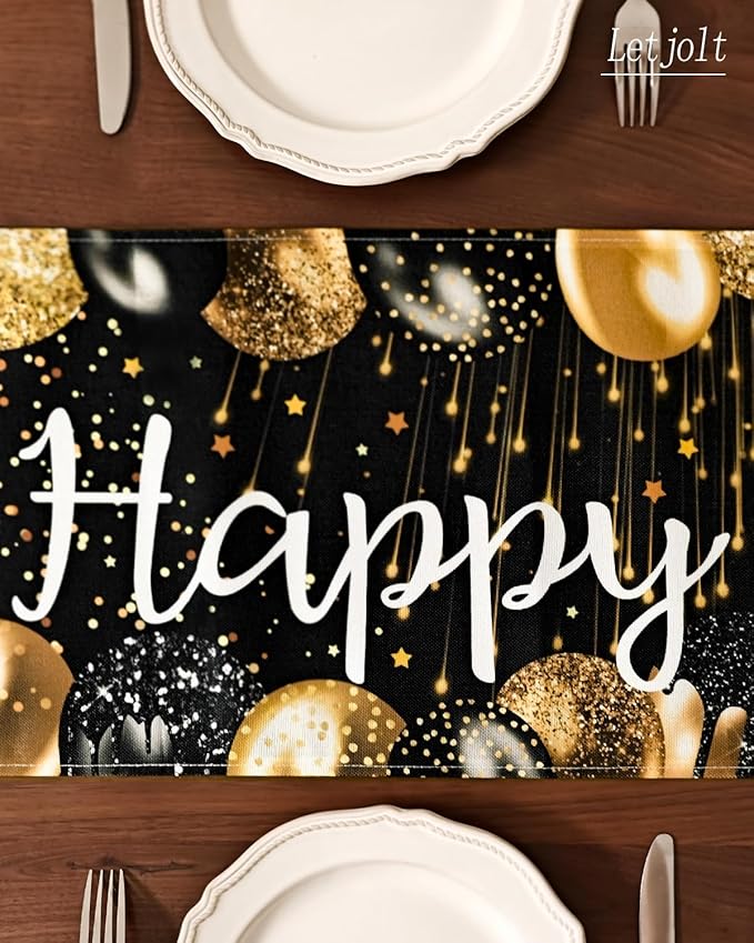 Happy Birthday Table Runner 1920s Birthday Party Decorations Black and Golden Birth Party Sign Vintage Style
