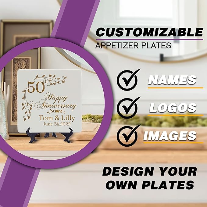 Custom 50th Wedding Anniversary Plate with Stand ??9" Ceramic Square China Plates, Personalized Golden Anniversary Present for Couple, Customize with Text Only