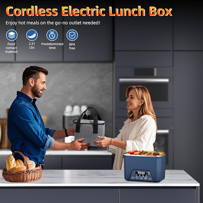 Cordless Electric Lunch Box, 1.2L Self Heating Lunch Box Battery Powered with Automatic Heating, BPA Free, Meal Prep Friendly, Portable Food Warmer for Work, Construction, Truck & Travel (Blue)