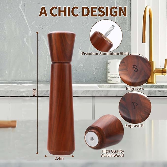 Wooden Pepper Grinder,Pepper Mill Wood 10In?밪alt Grinder Refillable,Pepper Grinder Manual Adjustable Ceramic Rotor,Easy Refill,Salt and Pepper Shakers with Coarseness Control 1-Pack