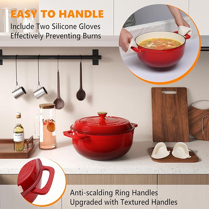 Bonnlo 6QT Round Dutch Oven, Enameled Cast Iron Dutch Oven Pot with Lid & Dual Handles, Oven Safe Up to 500째 F, for Sourdough, Bread Baking, Stews and Roasting (Red)