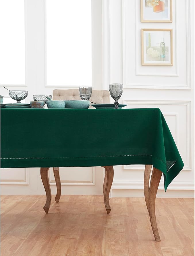 Solino Home Linen Tablecloth for Rectangle Tables 60 x 132 Inch - Classic Hemstitch 100% Pure Linen Rainforest Green Table Cloth - Machine Washable Cloth Tablecloth for Winter, St Patricks Day