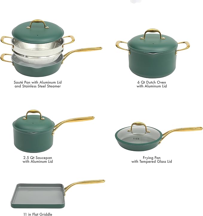 Frok 10 Piece Pots and Pans 4MM Thick Quick Heat Aluminum Cookware Set w/Premium PFA Free Ceramic Nonstick Interior Heat Resistant Exterior - Induction - Green & Gold