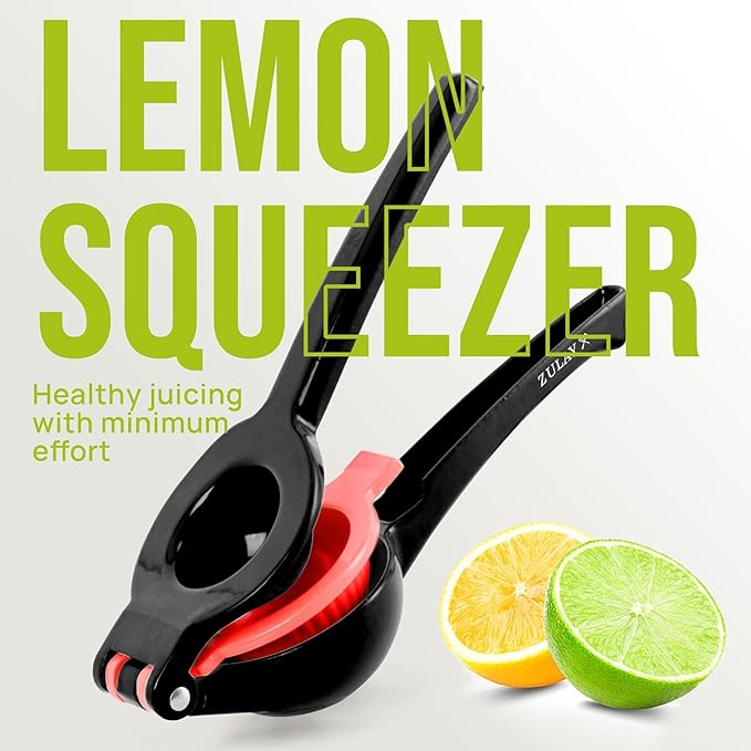 Zulay Kitchen Metal 2-in-1 Lemon Squeezer - Sturdy Max Extraction Hand Juicer Lemon Squeezer Gets Every Last Drop - Easy to Clean Manual Citrus Juicer - Easy-Use Lemon Juicer Squeezer - Black/Red