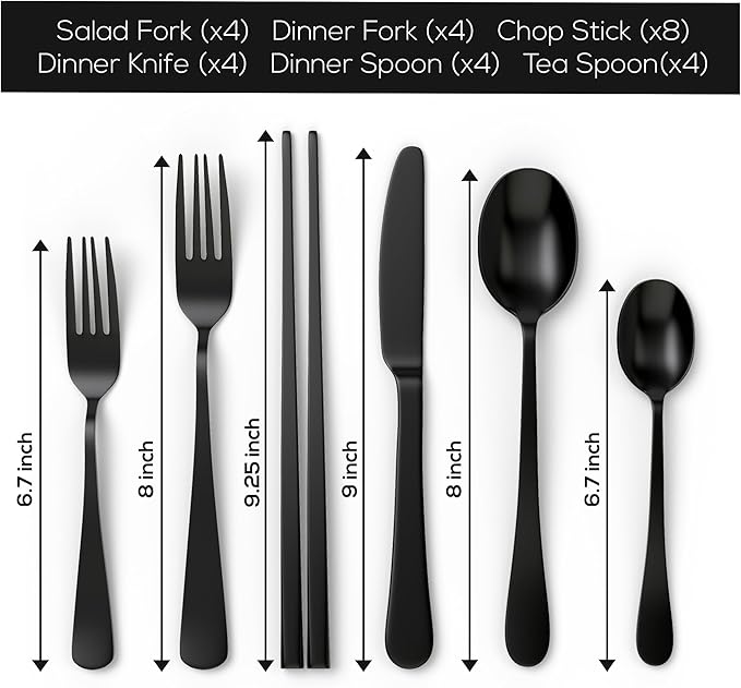 Upgraded 18/8 Stainless Steel 28-Piece Flatware Cutlery Set(Black)-Silverware set for 4-Luxurious Home Kitchen Dinnerware Sets-Great Kitchen Accessories-Perfect House Warming/Christmas Gift