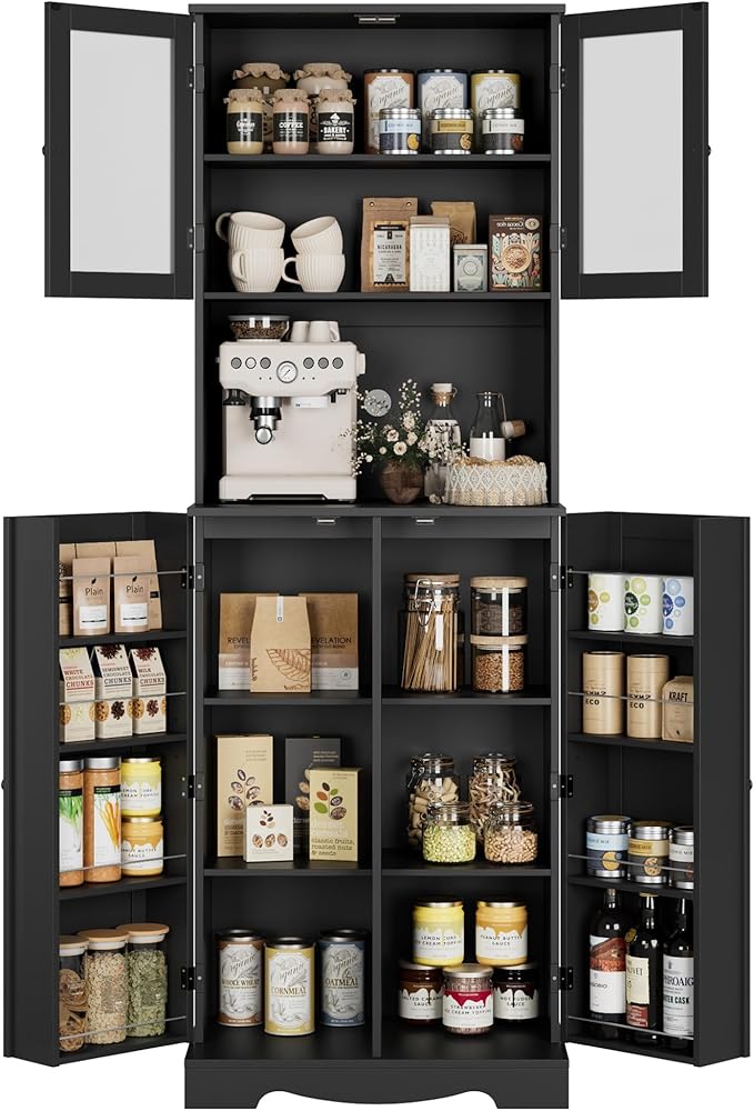 HOSTACK 71'' Pantry Cabinet, Tall Storage Cabinet with Microwave Stand, Freestanding Kitchen Hutch with Doors and Adjustable Shelves, Mordern Food Pantry for Kitchen, Dining Room, Black