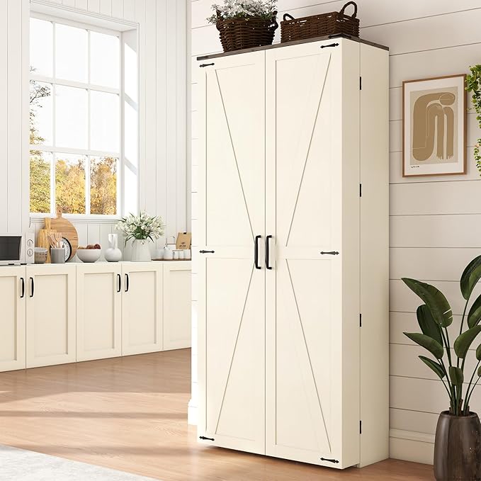 Tall Kitchen Pantry Cabinet: 67" Farmhouse Pantry Cabinet for Kitchen Storage, Off White Cupboard with 2 Barn Doors, Wood Food Storage Cabinets with Shelves (White)