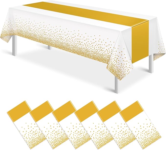 6Pcs White and Gold Tablecloth Party Decorations,Plastic White Table Cloth Printed Gold Table Runner Disposable Rectangle Table Cover for Birthday Wedding Anniversary Graduation Party,54 x108 Inch