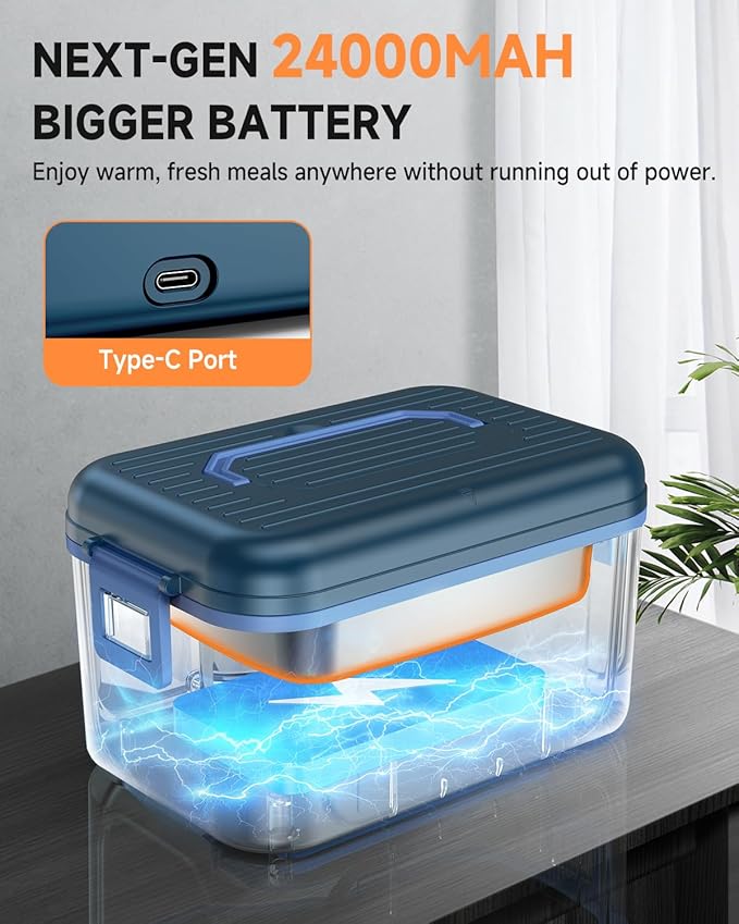 GEARGO ?윇?윃?윇?윍 ?릶?맗?맆?맜?릾?맃?맄?맃 Cordless Electric Lunch Box, 1.6L & 24000mAh Rechargeable Heated Lunch Box with Ice Crystal Box, 24 Hours Scheduled Self Heating Lunchbox For Work Men Women(Blue)