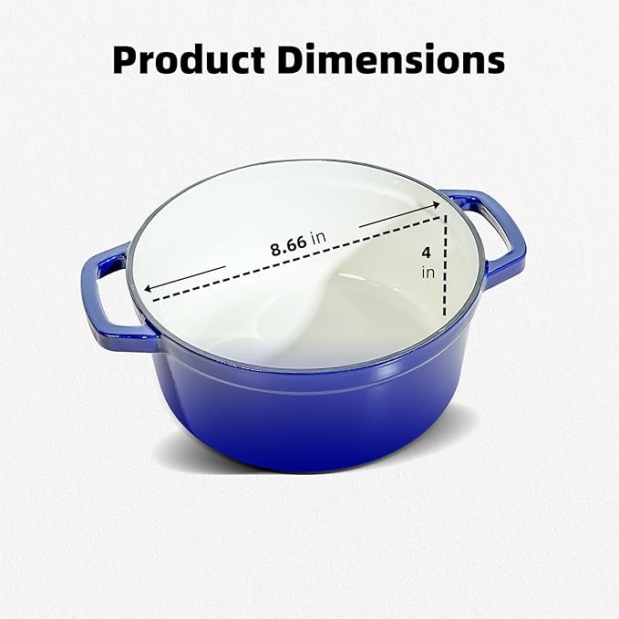 2-in-1 Enameled Cast Iron Braiser Pan with Grill Lid - 5-Quart Small Dutch Oven, Non-Stick Cookware Multi Cooker for Bread Baking Cooking Stewing, Suit for All Cooktops, Dual Handles & Oven Safe, Blue