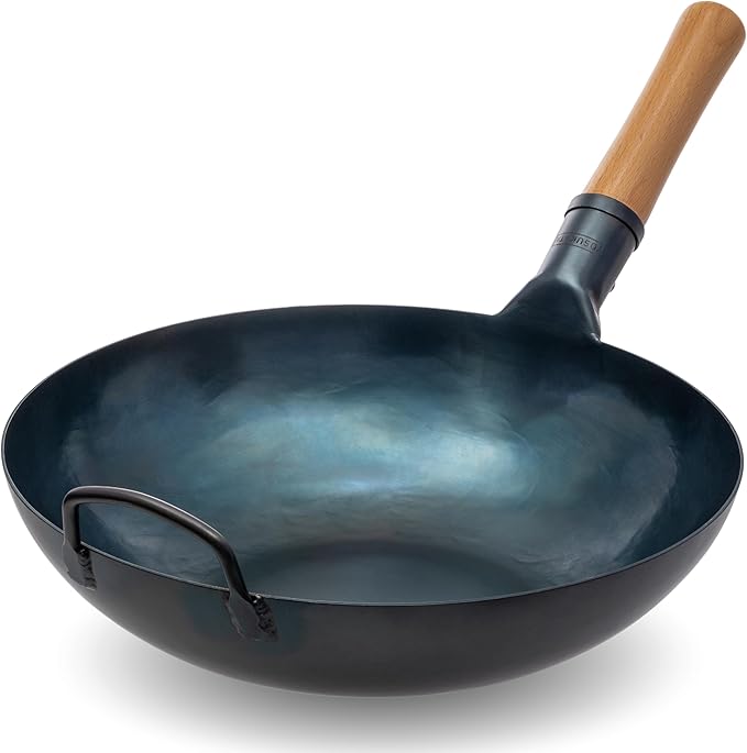 YOSUKATA 13.5??Blue Carbon Steel Wok Pan ??Pre-Seasoned Flat Bottom Wok Compatible with open fire, gas, electric, ceramic, induction cooktops -Traditional Chinese Pan for Stir Fry, BBQ, Grill, Camping