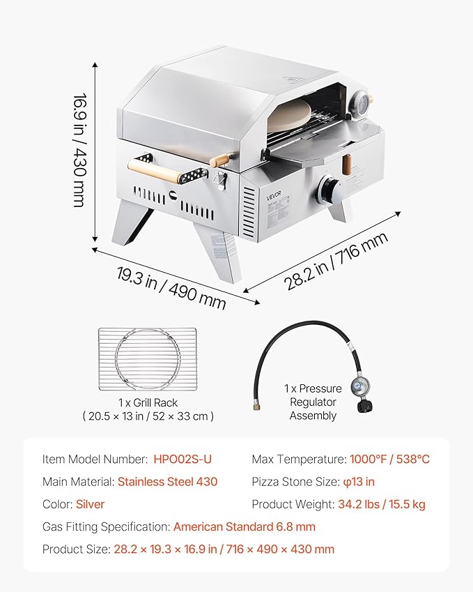 VEVOR 2 IN 1 Outdoor Pizza Oven, 13 in Propane Pizza Oven & Grill, 12,000 BTU Tabletop Propane Gas Oven with Pizza-Stone, Thermometer, Stainless Steel Portable Grill, for Camping & Backyard
