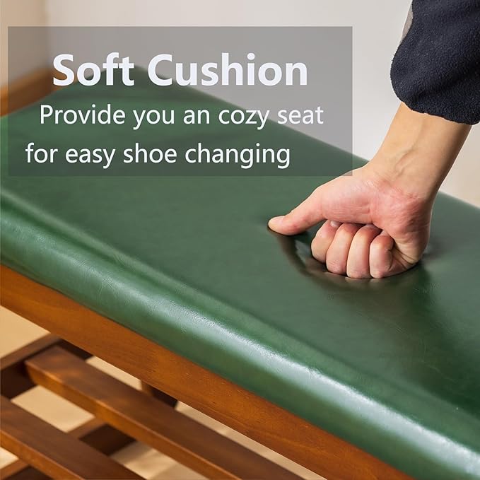 SOBIBO Solid Wood Shoe Bench, 2-Tier Entryway Bench with Cushion and Flip-Open Storage Box, Mid-Century Modern Shoe Bench Rack for Hallway, Mudroom(Green, 39.4'')