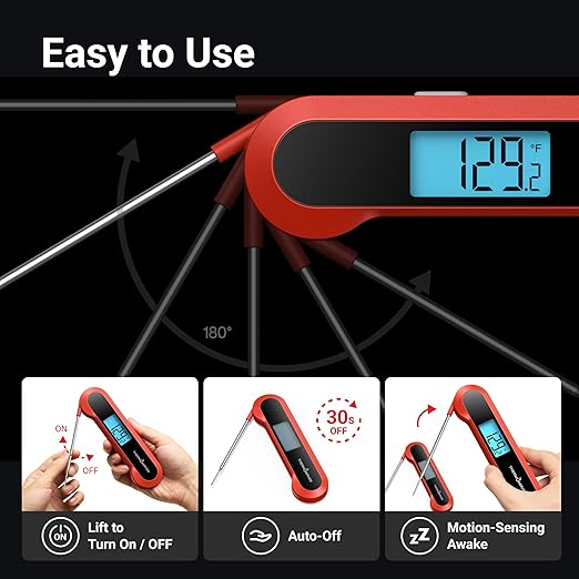 Professional 0.5 Sec Instant Read Meat Thermometer Digital, NIST Certified 짹0.5??Accuracy, Auto Rotate Large LCD Display, Highly Waterproof Cooking Thermometer for Baking Grill BBQ Smoker Oven, Red