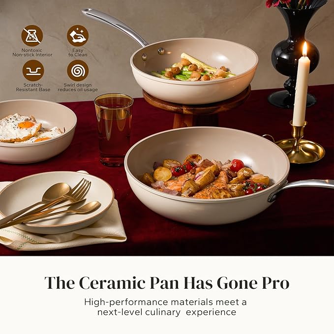 Redchef Ceramic Frying Pan with Lid, 11" Deep Saute Pan, 3.5QT Large Jumbo Cooker, Frying Pan Nonstick with Stay Cool Handle, Non Toxic Cooking Pan, Induction Dishwasher Safe, PFOA & PFAS Free(Beige)