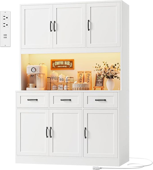 HOSTACK 72" Tall Kitchen Pantry Cabinet with Charing Station | LED Lights, 47" W Kitchen Pantry Storage Cabinet with Countertop, Modern Kitchens Hutch Cabinets with Storage for Dining Room, White
