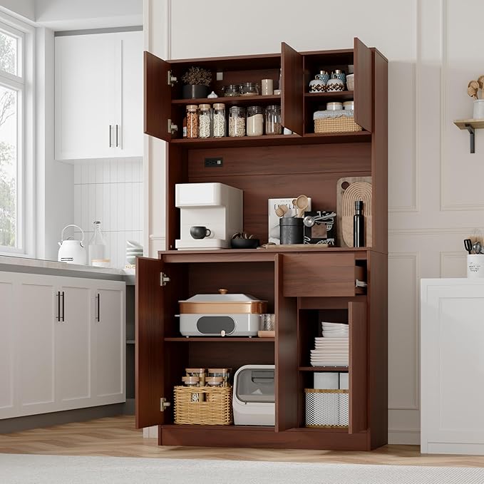 71" Tall Brown Kitchen Pantry Cabinet with 6 Doors & Power Outlet, Freestanding Storage Hutch with Countertop, Adjustable Shelves for Dining Room, Laundry Room