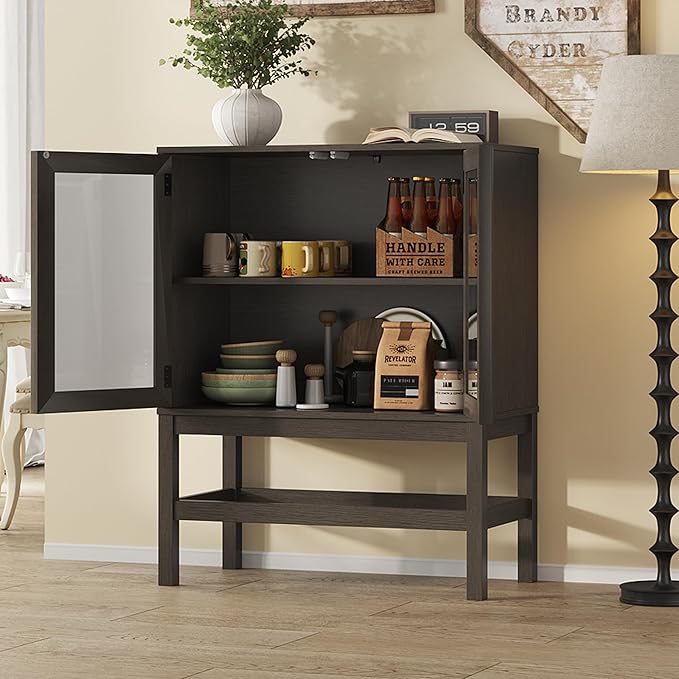 Sideboard Buffet Cabinet with Storage, Small Kitchen Coffee Wine Bar Cabinet with Glass Press-to-Open Doors, Wood Mid Century Modern Side Board Table for Dining Room, Living Room
