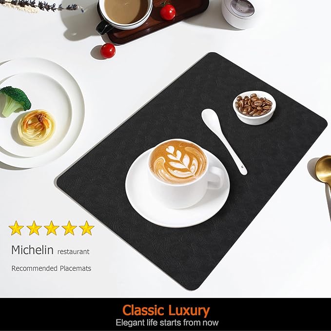 Uolr Vinyl Placemats Set of 4 Faux Leather 100% Waterproof Wipeable Washable Place Mats Heat Resistant Easy Clean Non-Slip Table Mats for Indoor Outdoor. (4,Black)