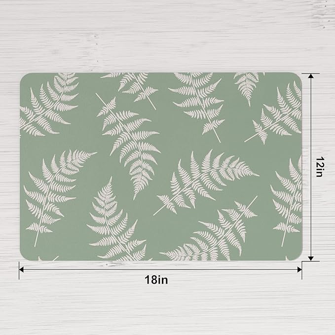 QIYI Placemats Set of 6, 12x18 Inch Faux Leather Place Mats for Kitchen Dinning, Heat Resistant Anti Slip Green White Table Mats, Waterproof Wipeable Washable Placemat Party Table D챕cor, Fern Leaves