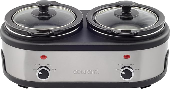 Courant 3.2-Quart Double Slow Cooker(1.6-Qt each) w/Warm Settings, Stainproof Stoneware Pots and Glass Lids ??StainlessSteel