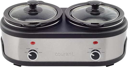 Courant 3.2-Quart Double Slow Cooker(1.6-Qt each) w/Warm Settings, Stainproof Stoneware Pots and Glass Lids ??StainlessSteel