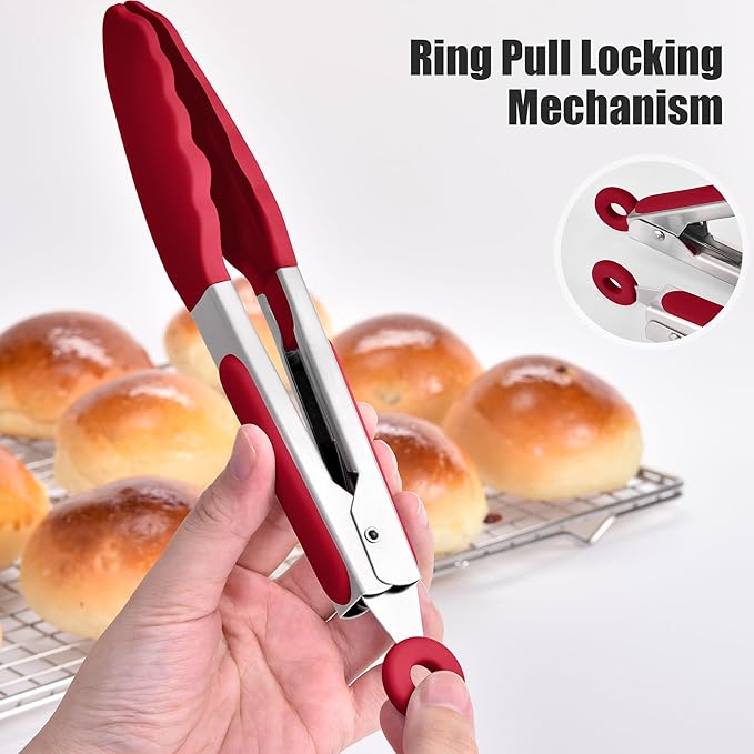 Doosu Kitchen Tongs for Cooking - 600째F Heat Resistant Food Tong with Non-Scratch Silicone Tips, Heavy Duty Stainless Steel Locking Tong for BBQ, Grilling Steak, Serving Salad, Pasta (7in, Red)