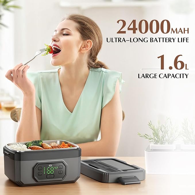 RYALNTC Electric Lunch Box for Adults with Timer - 1.6L Cordless Electric 24000mAh Battery-Powered Heated,5-Sided Heating & Smart Reservation - Portable Heated Lunch Box for Office, Truck, Camping