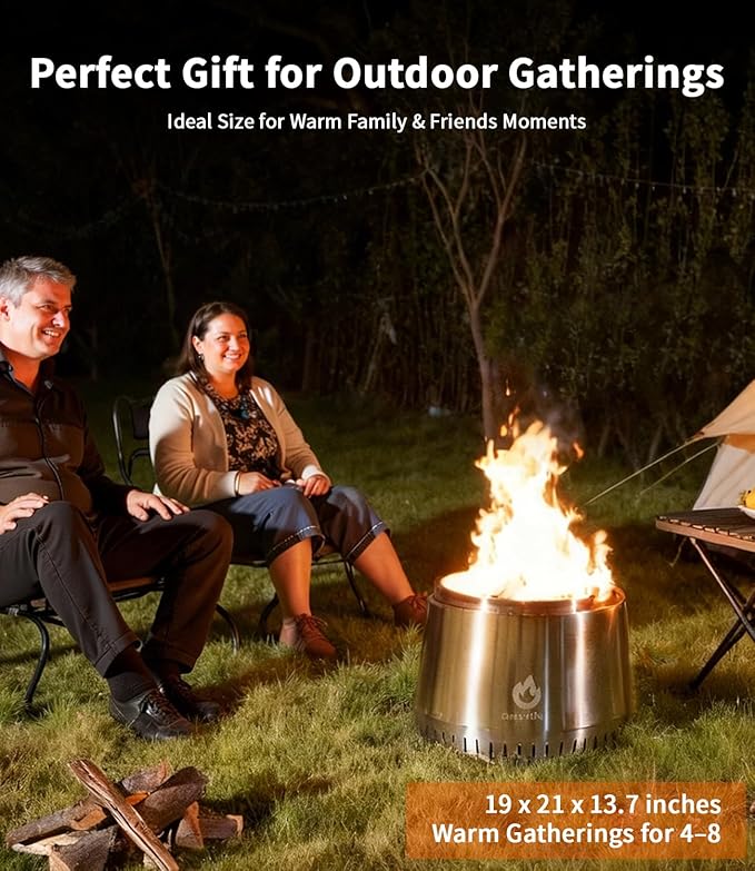 21 Inch Smokeless Fire Pit, for Outdoor Patio & Backyard, Dual Airflow Secondary Combustion, Stainless Steel Firepit with Detachable Ash Pan, Clean Burn, Portable for Camping & Gatherings