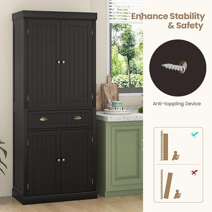 Tangkula 72" H Kitchen Pantry Cupboard Cabinet, Traditional Freestanding Large Tall Storage Cabinet with 2 Cabinets and Drawer, Adjustable Shelves, for Living Room Kitchen, 30 x 16 x 72 Inch