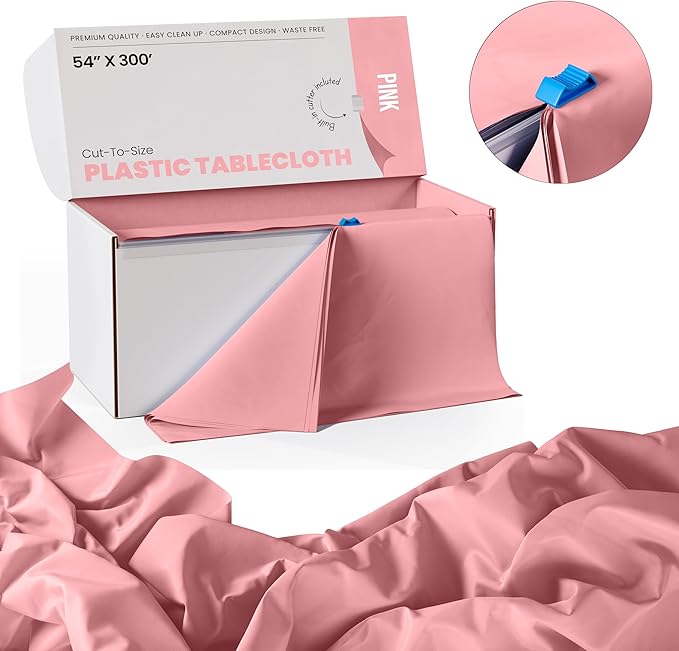 Party Solids 54 Inch X 300 Feet Pink Plastic Table Cover Roll in A Cut - to - Size Box with Convenient Slide Cutter. Cuts Up to 36 Rectangle 8 Feet Plastic Disposable Tablecloths