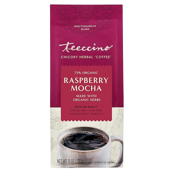 Teeccino Raspberry Mocha Chicory Coffee Alternative - Ground Herbal Coffee That?™s Prebiotic, Caffeine Free & Acid Free, Dark Roast, 11 Ounce
