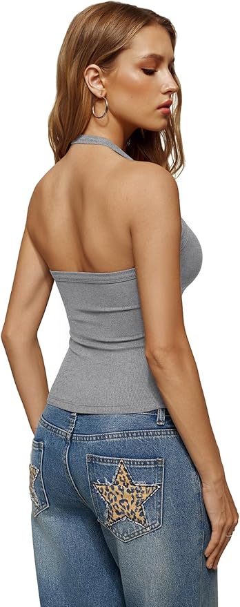REORIA Womens Backless Halter Tank Top Sleeveless V Neck Fitted Camisole