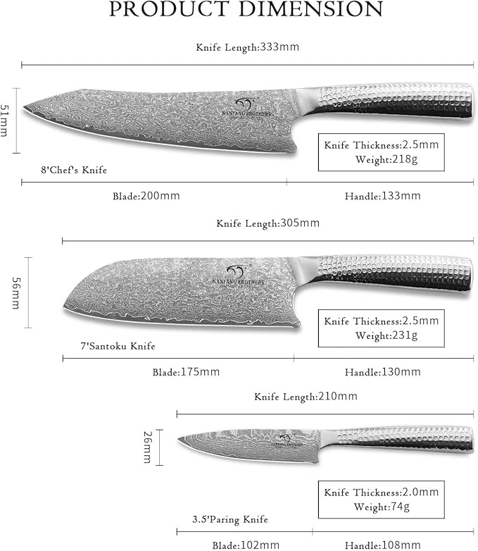 3 Pieces Damascus Kitchen Knife Set with 8??Chef Knife, 7??Santoku Knife, 3.5??Paring Knife, 67 Layer Handmade Damascus VG10 Steel Core, Hammered Ergonomic Handle (Gift Box)