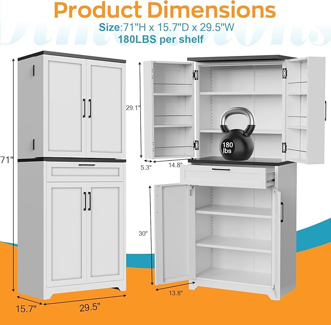 LMTC 71?쇺?H Pantry Cabinet, Kitchen Storage Cabinet with 4 Adjustable Shelves, Tall Storage Cabinet with 6 Door Shelves and a Drawer, Metal Pantry Cabinet for Kitchen, Dining Room, Living Room