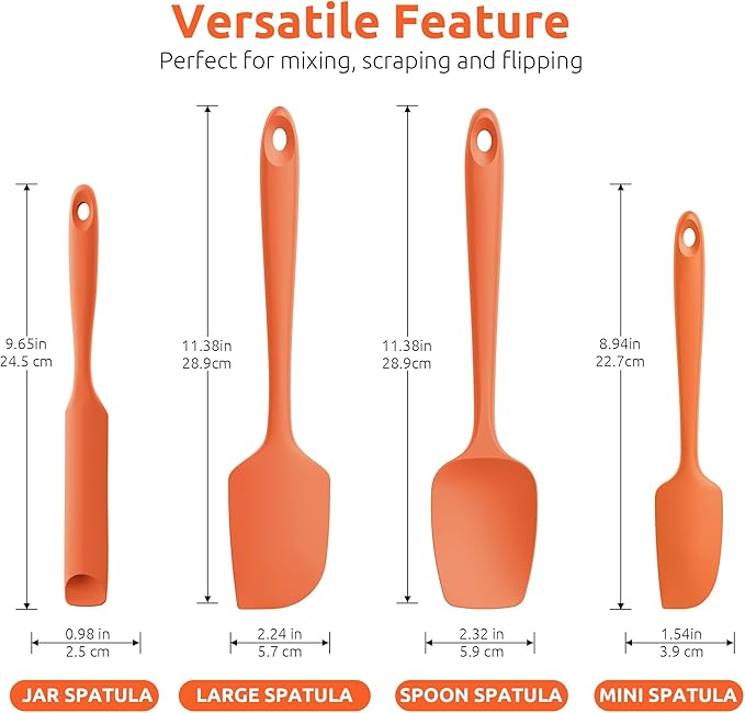 U-Taste 600쨘F Heat Resistant Silicone Spatulas: Flexible Food-Grade Silicon Baking Scraper, Kitchen Cooking Mixing Utensils with Upgraded Sturdy Handle Tip for Nonstick Cookware (4-Pc., Orange)