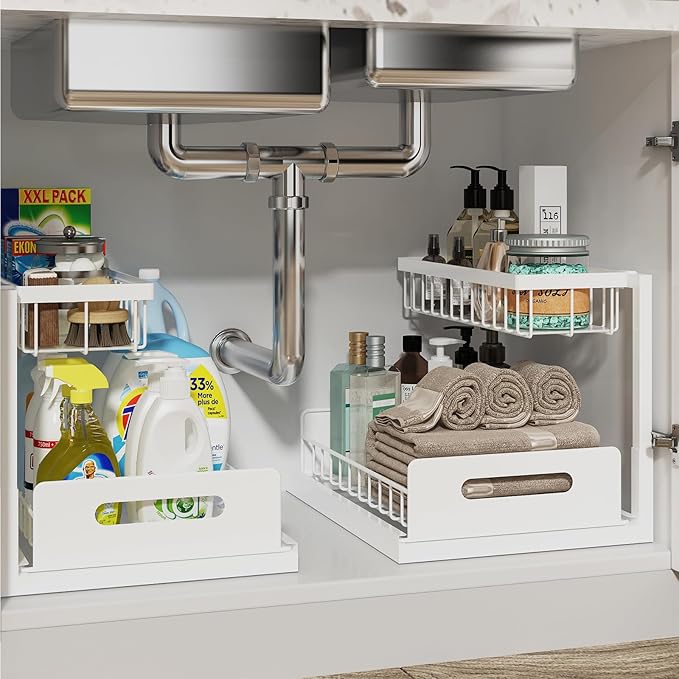 REALINN Under Sink Organizer, Pull Out Cabinet Organizer 2 Tier Slide Out Sink Shelf Cabinet Storage Shelves, Storage for Kitchen Bathroom, White, 2 Pack