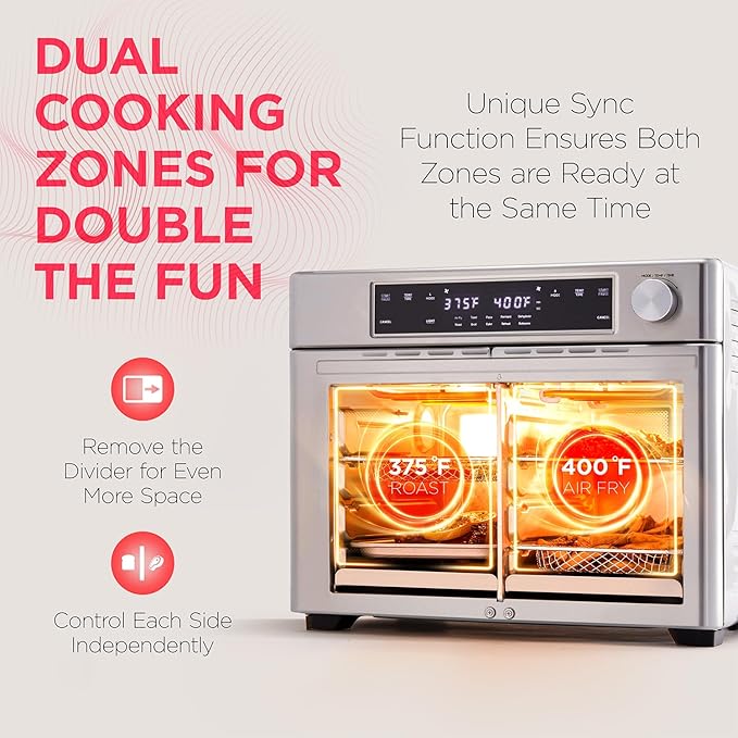 Ivation Dual Zone Air Fryer French Door Oven - 32 Quatity Convection Toaster Combo, 10-in-1 Multifunction Up to 450° - 1800W - Temperature Control, Timer - Stainless Steel - Dehydrate, Bake, Roast