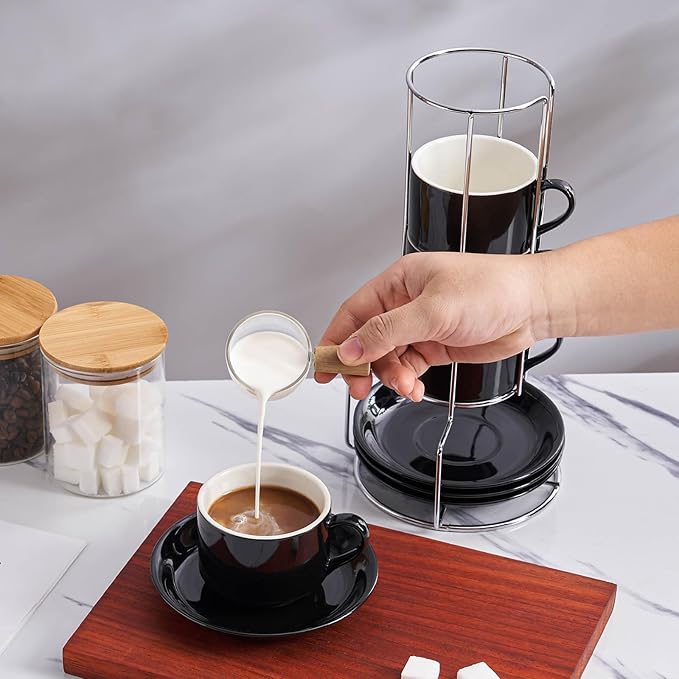 8oz Porcelain Cappuccino Cups with Saucers and Metal Stand, Stackable Coffee Cups for Specialty Coffee Drinks, Cappuccino, Latte, Espresso, Americano and Tea - Cups Set of 4, Black